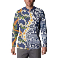 Hawaiian Plumeria Lei Button Sweatshirt Kakau Motifs and Palaka Half Style Blue Color - Polynesian Pride