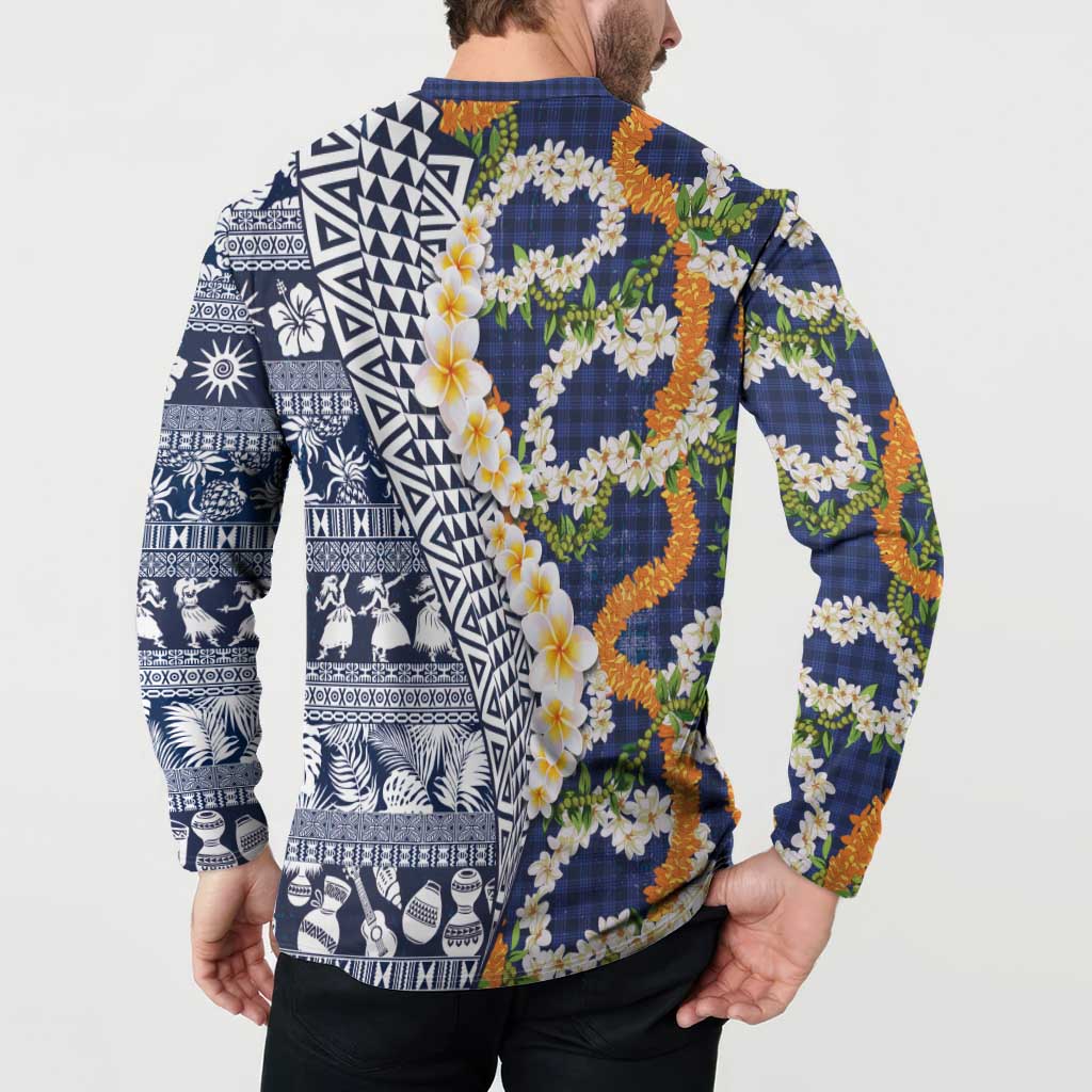Hawaiian Plumeria Lei Button Sweatshirt Kakau Motifs and Palaka Half Style Blue Color - Polynesian Pride