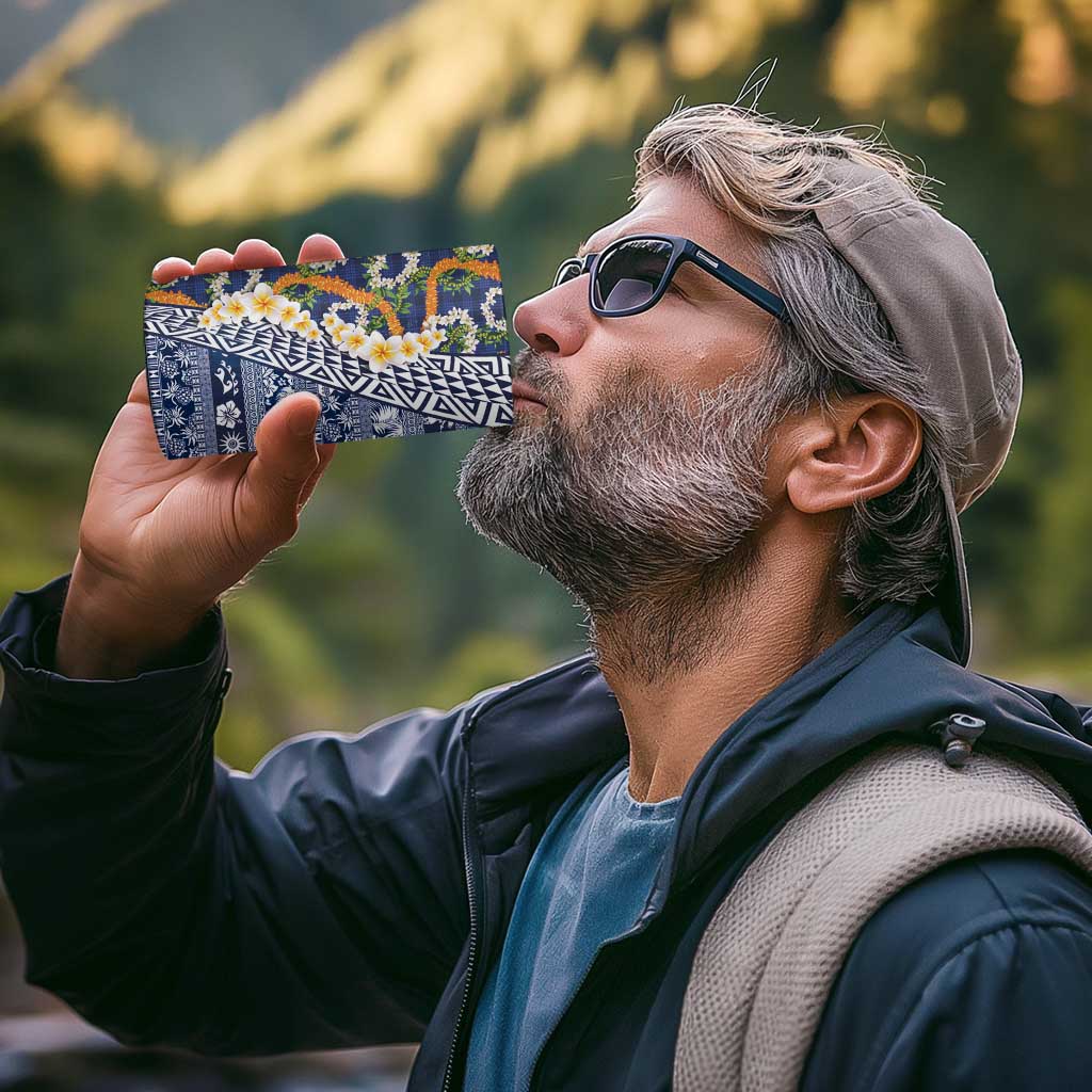 Hawaiian Plumeria Lei 4 in 1 Can Cooler Tumbler Kakau Motifs and Palaka Half Style Blue Color - Polynesian Pride