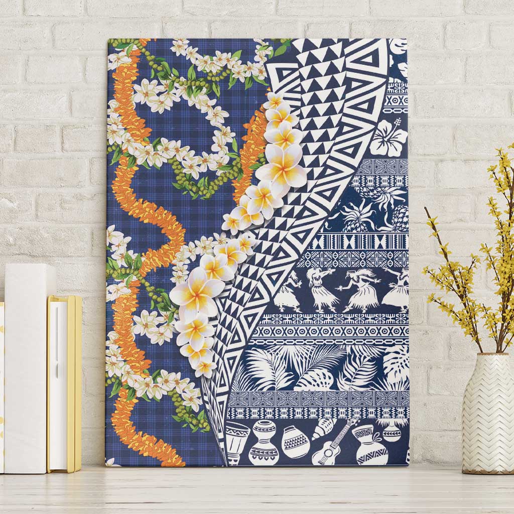 Hawaiian Plumeria Lei Canvas Wall Art Kakau Motifs and Palaka Half Style Blue Color - Polynesian Pride