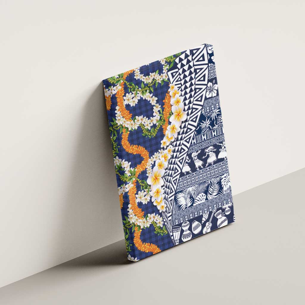 Hawaiian Plumeria Lei Canvas Wall Art Kakau Motifs and Palaka Half Style Blue Color - Polynesian Pride