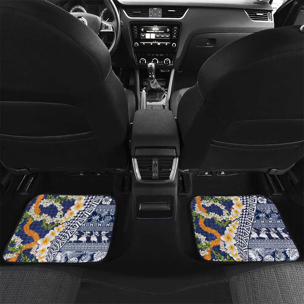 Hawaiian Plumeria Lei Car Mats Kakau Motifs and Palaka Half Style Blue Color - Polynesian Pride