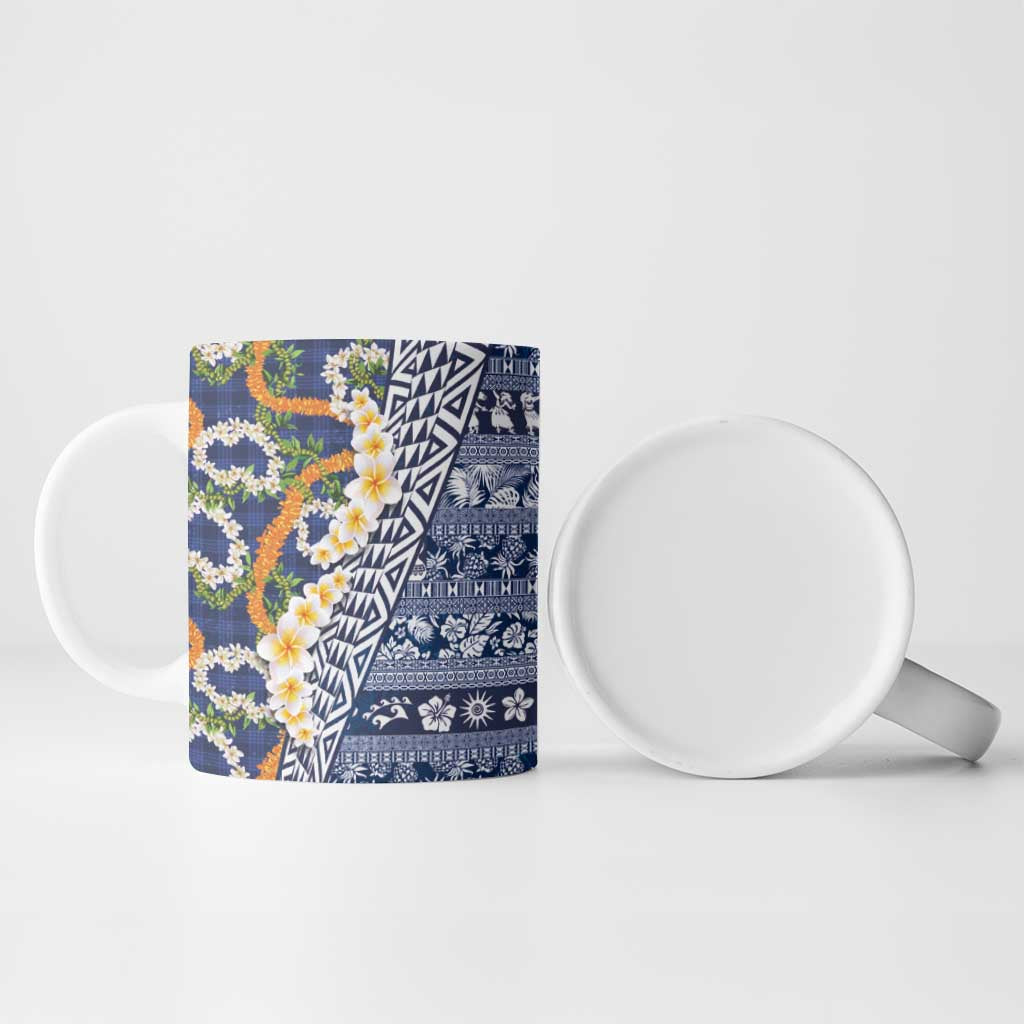Hawaiian Plumeria Lei Ceramic Mug Kakau Motifs and Palaka Half Style Blue Color - Polynesian Pride
