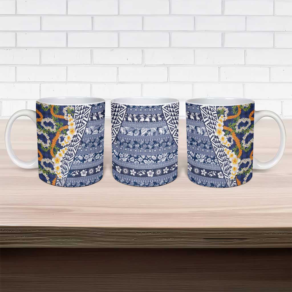 Hawaiian Plumeria Lei Ceramic Mug Kakau Motifs and Palaka Half Style Blue Color - Polynesian Pride