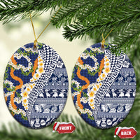Hawaiian Plumeria Lei Ceramic Ornament Kakau Motifs and Palaka Half Style Blue Color - Polynesian Pride