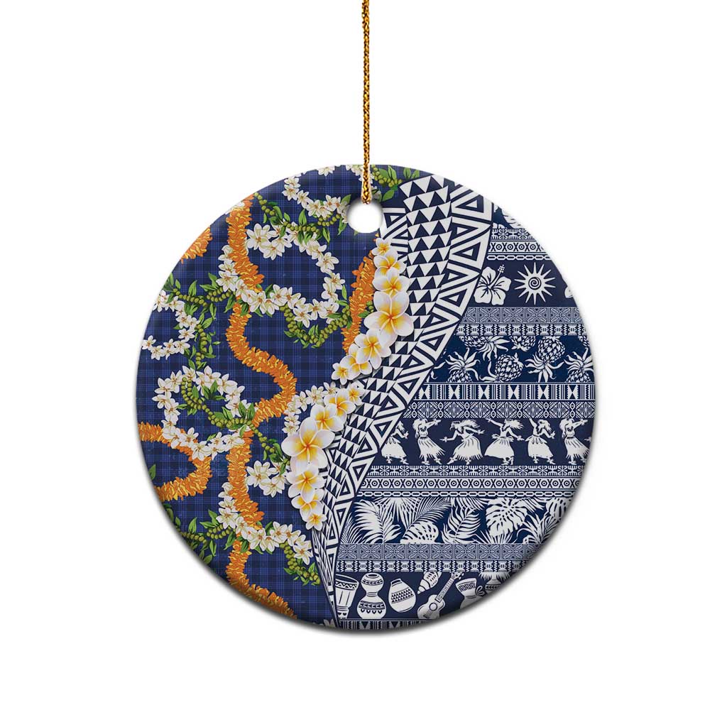 Hawaiian Plumeria Lei Ceramic Ornament Kakau Motifs and Palaka Half Style Blue Color - Polynesian Pride