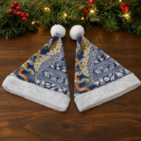 Hawaiian Plumeria Lei Christmas Santa Hat Kakau Motifs and Palaka Half Style Blue Color - Polynesian Pride