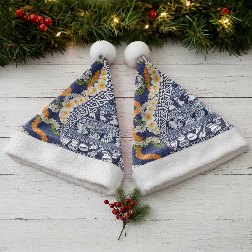 Hawaiian Plumeria Lei Christmas Santa Hat Kakau Motifs and Palaka Half Style Blue Color - Polynesian Pride