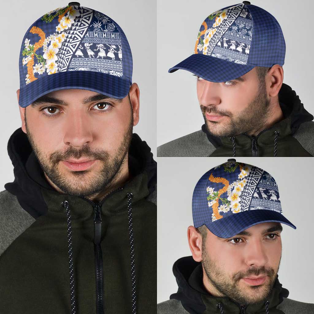 Hawaiian Plumeria Lei Classic Cap Kakau Motifs and Palaka Half Style Blue Color - Polynesian Pride