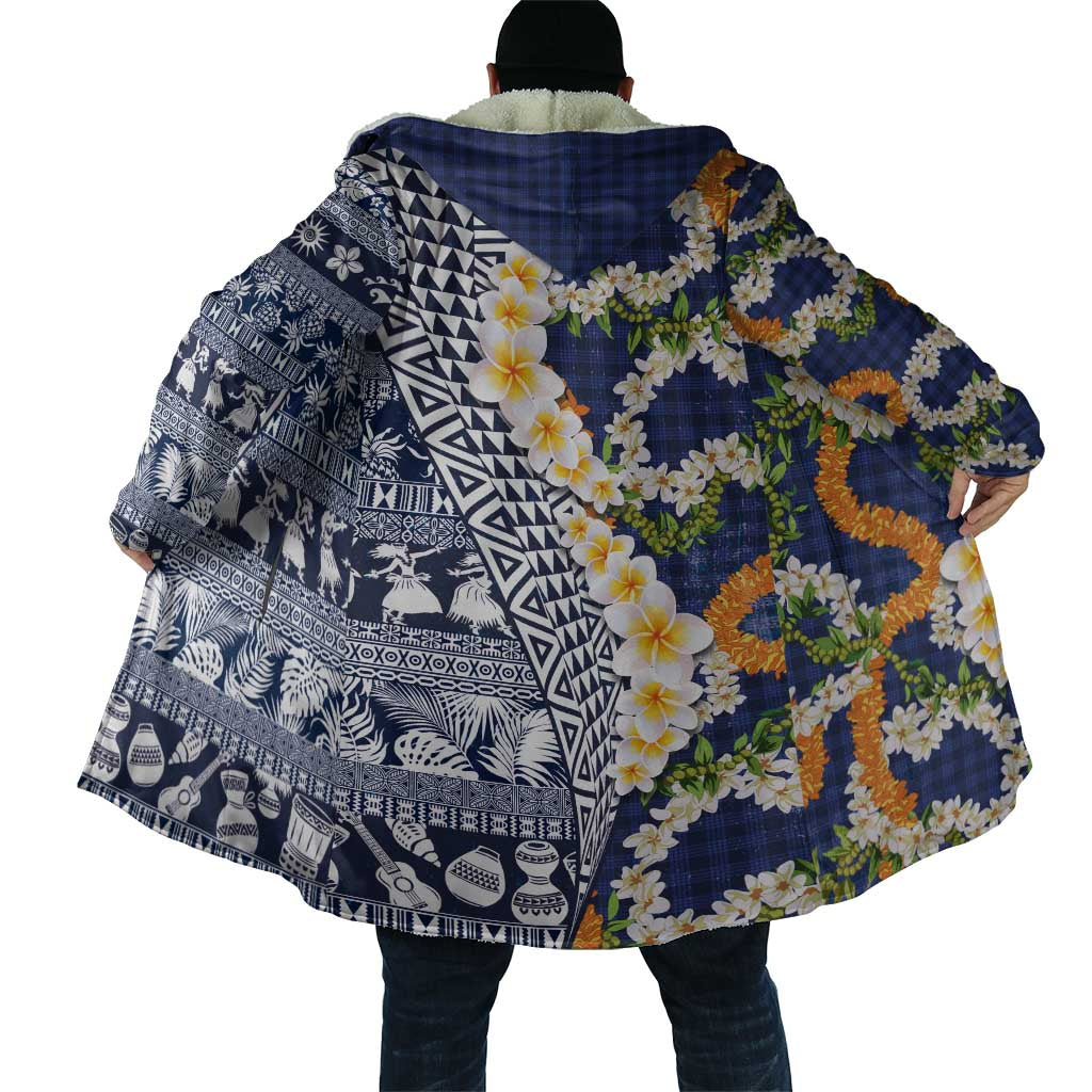 Hawaiian Plumeria Lei Cloak Kakau Motifs and Palaka Half Style Blue Color - Polynesian Pride