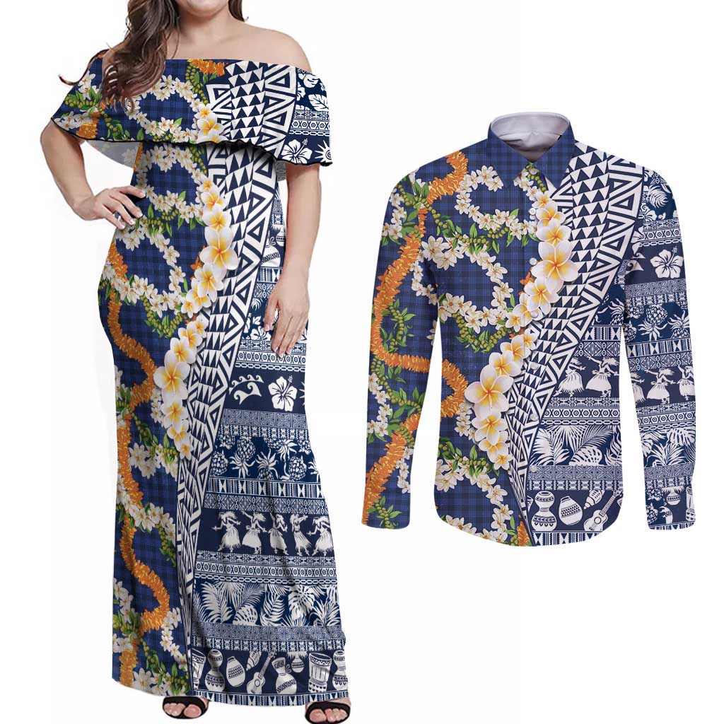 Hawaiian Plumeria Lei Couples Matching Off Shoulder Maxi Dress and Long Sleeve Button Shirt Kakau Motifs and Palaka Half Style Blue Color LT03 Blue - Polynesian Pride