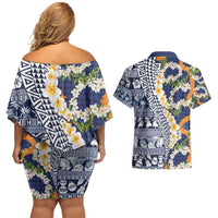 Hawaiian Plumeria Lei Couples Matching Off Shoulder Short Dress and Hawaiian Shirt Kakau Motifs and Palaka Half Style Blue Color - Polynesian Pride