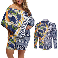Hawaiian Plumeria Lei Couples Matching Off Shoulder Short Dress and Long Sleeve Button Shirt Kakau Motifs and Palaka Half Style Blue Color - Polynesian Pride
