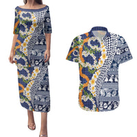 Hawaiian Plumeria Lei Couples Matching Puletasi and Hawaiian Shirt Kakau Motifs and Palaka Half Style Blue Color - Polynesian Pride