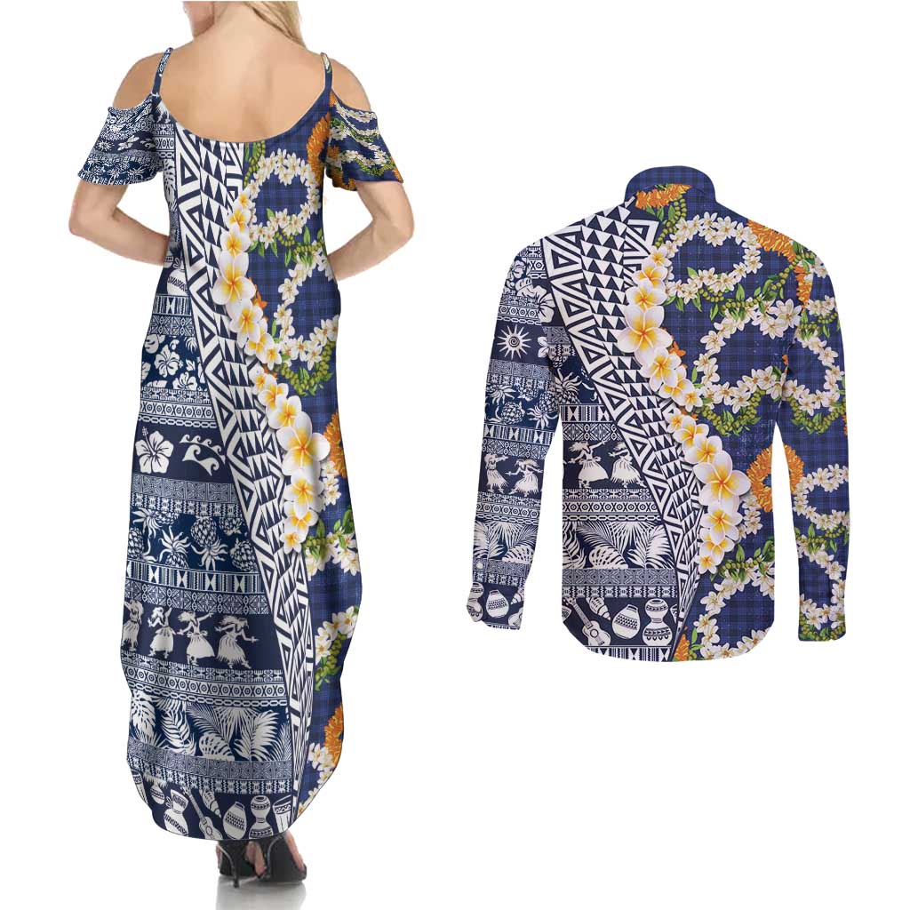 Hawaiian Plumeria Lei Couples Matching Summer Maxi Dress and Long Sleeve Button Shirt Kakau Motifs and Palaka Half Style Blue Color - Polynesian Pride