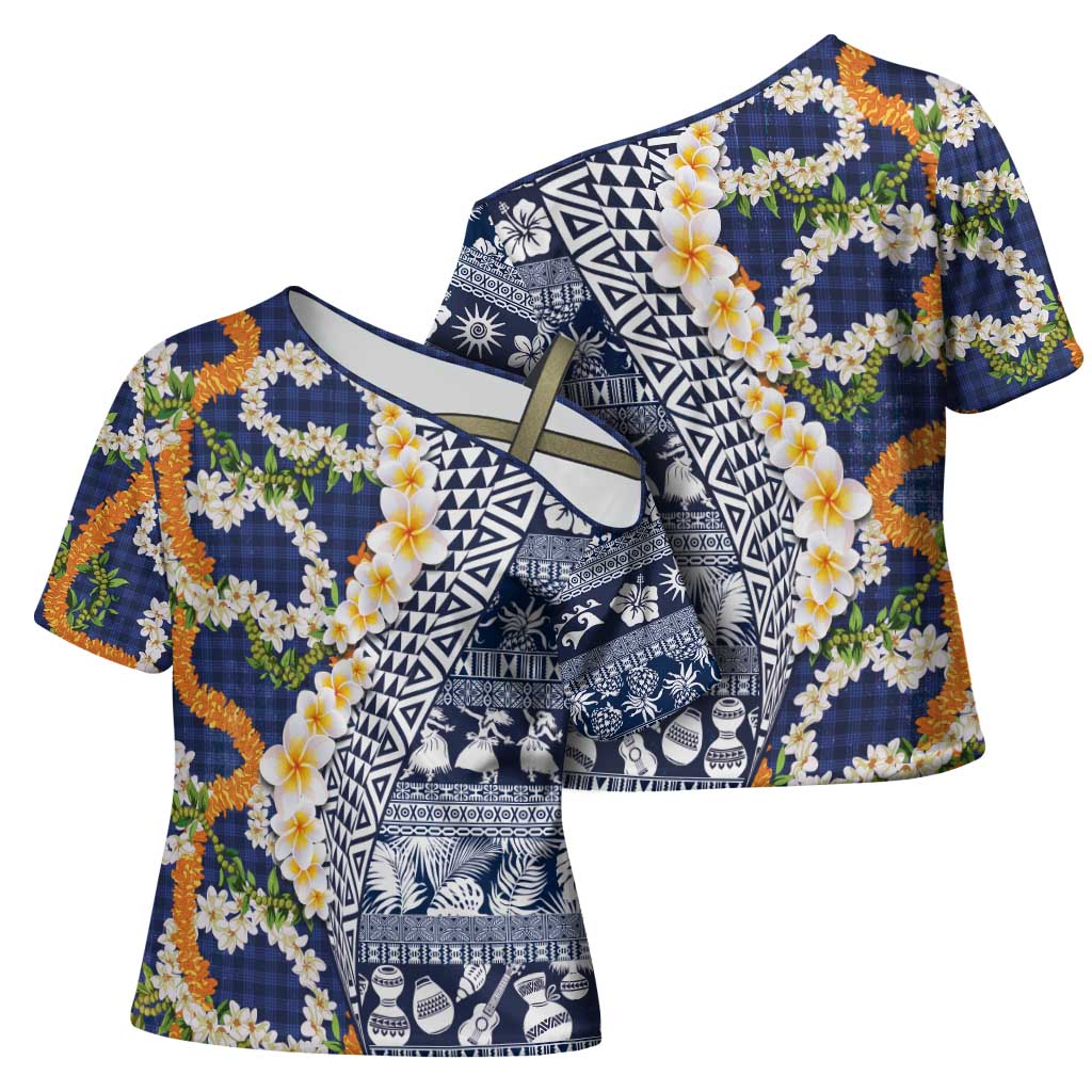 Hawaiian Plumeria Lei Cross Shoulder Shirt Kakau Motifs and Palaka Half Style Blue Color - Polynesian Pride