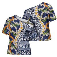 Hawaiian Plumeria Lei Cross Shoulder Shirt Kakau Motifs and Palaka Half Style Blue Color - Polynesian Pride