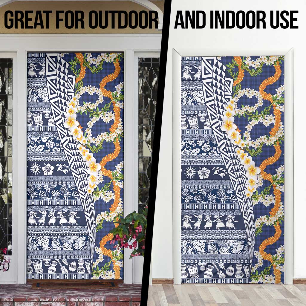 Hawaiian Plumeria Lei Door Cover Kakau Motifs and Palaka Half Style Blue Color - Polynesian Pride