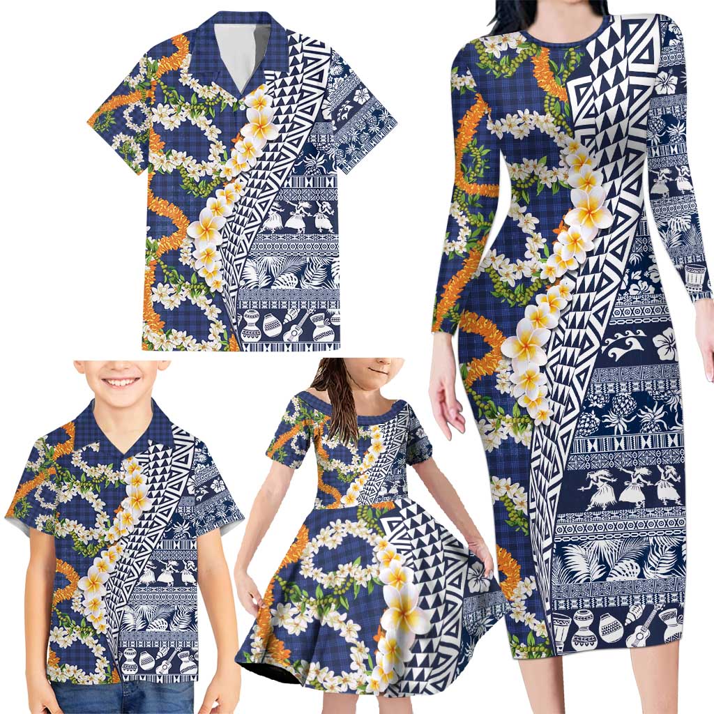 Hawaiian Plumeria Lei Family Matching Long Sleeve Bodycon Dress and Hawaiian Shirt Kakau Motifs and Palaka Half Style Blue Color - Polynesian Pride
