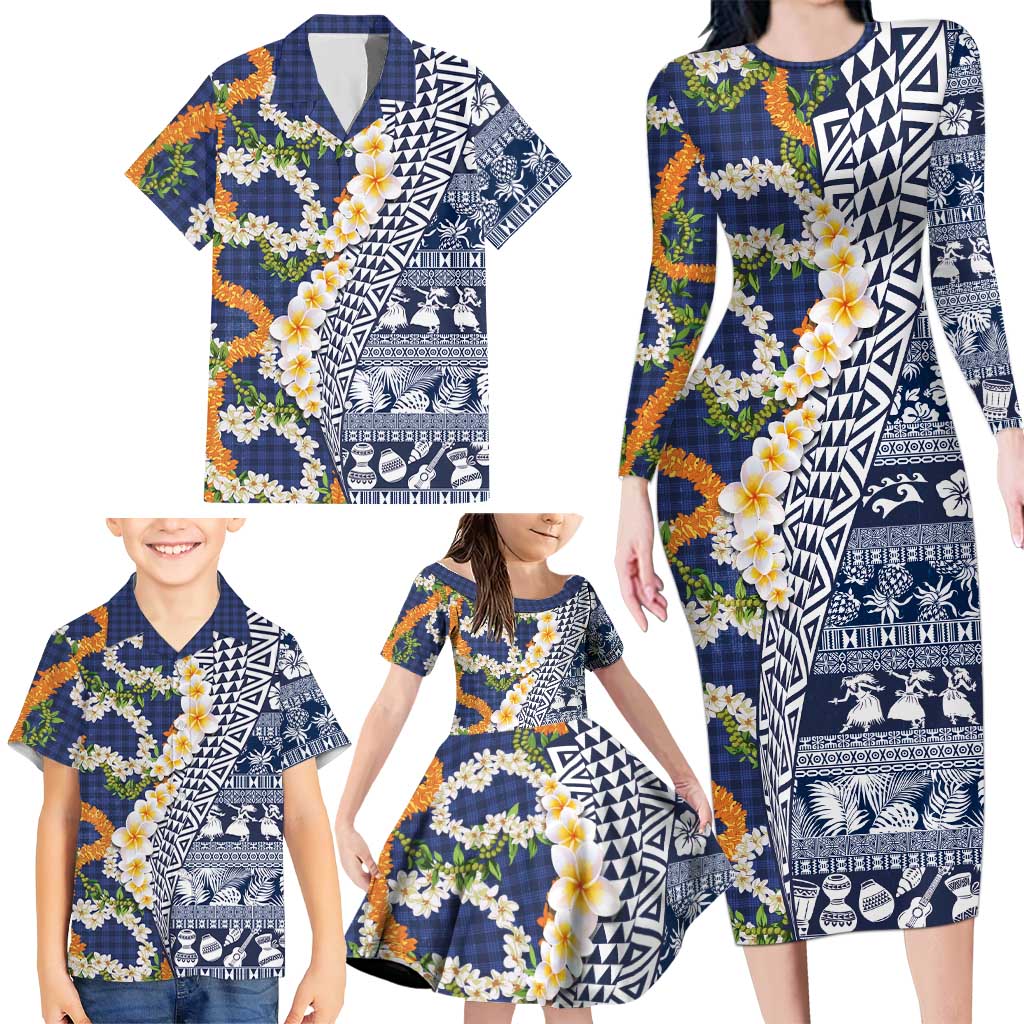Hawaiian Plumeria Lei Family Matching Long Sleeve Bodycon Dress and Hawaiian Shirt Kakau Motifs and Palaka Half Style Blue Color LT03 - Polynesian Pride
