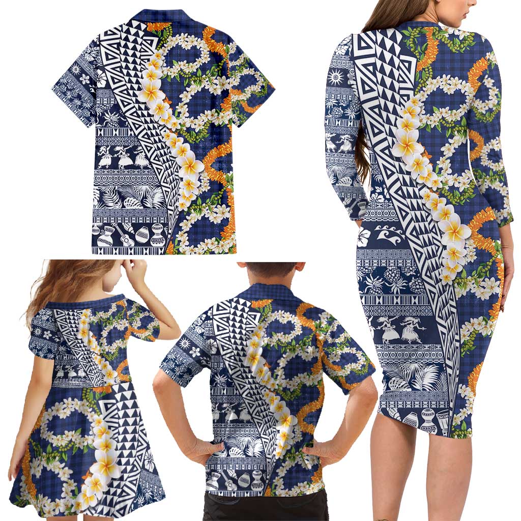 Hawaiian Plumeria Lei Family Matching Long Sleeve Bodycon Dress and Hawaiian Shirt Kakau Motifs and Palaka Half Style Blue Color - Polynesian Pride