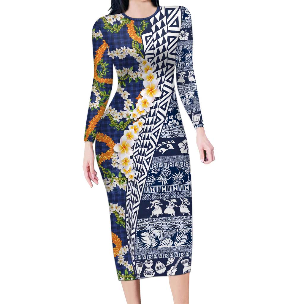 Hawaiian Plumeria Lei Family Matching Long Sleeve Bodycon Dress and Hawaiian Shirt Kakau Motifs and Palaka Half Style Blue Color - Polynesian Pride