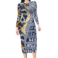 Hawaiian Plumeria Lei Family Matching Long Sleeve Bodycon Dress and Hawaiian Shirt Kakau Motifs and Palaka Half Style Blue Color - Polynesian Pride