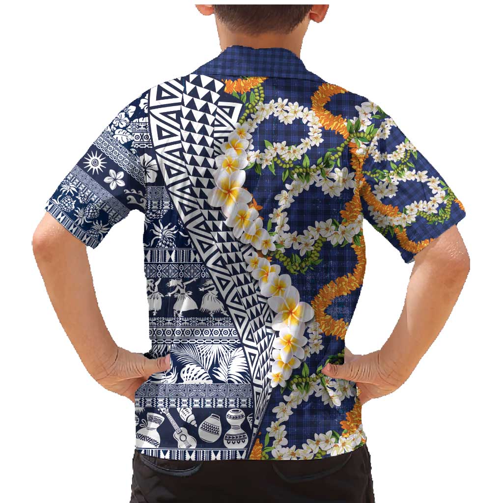 Hawaiian Plumeria Lei Family Matching Mermaid Dress and Hawaiian Shirt Kakau Motifs and Palaka Half Style Blue Color - Polynesian Pride