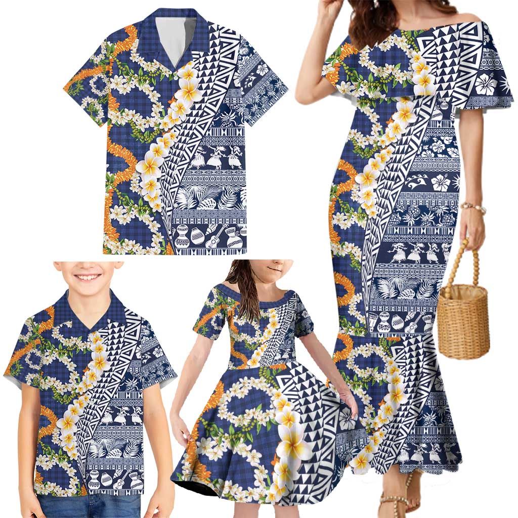 Hawaiian Plumeria Lei Family Matching Mermaid Dress and Hawaiian Shirt Kakau Motifs and Palaka Half Style Blue Color - Polynesian Pride