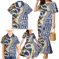 Hawaiian Plumeria Lei Family Matching Mermaid Dress and Hawaiian Shirt Kakau Motifs and Palaka Half Style Blue Color - Polynesian Pride
