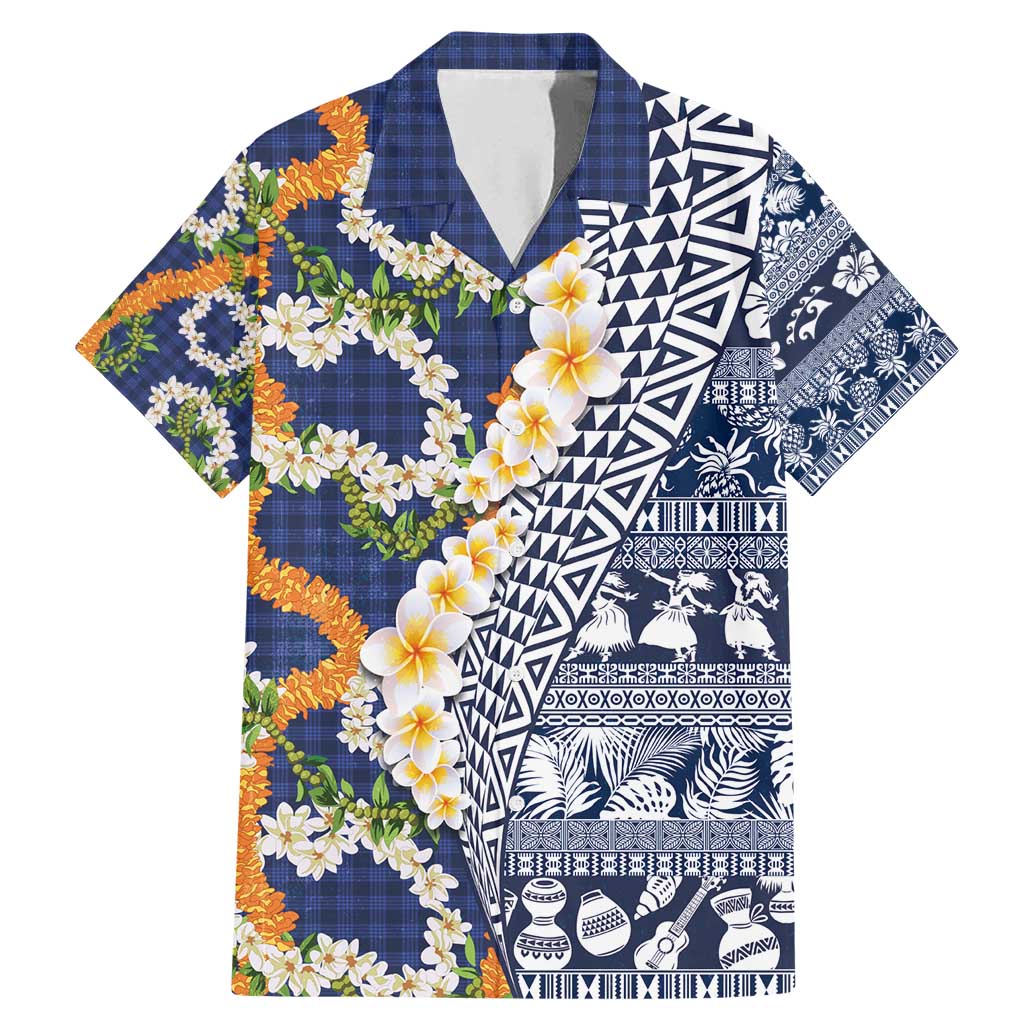 Hawaiian Plumeria Lei Family Matching Mermaid Dress and Hawaiian Shirt Kakau Motifs and Palaka Half Style Blue Color - Polynesian Pride