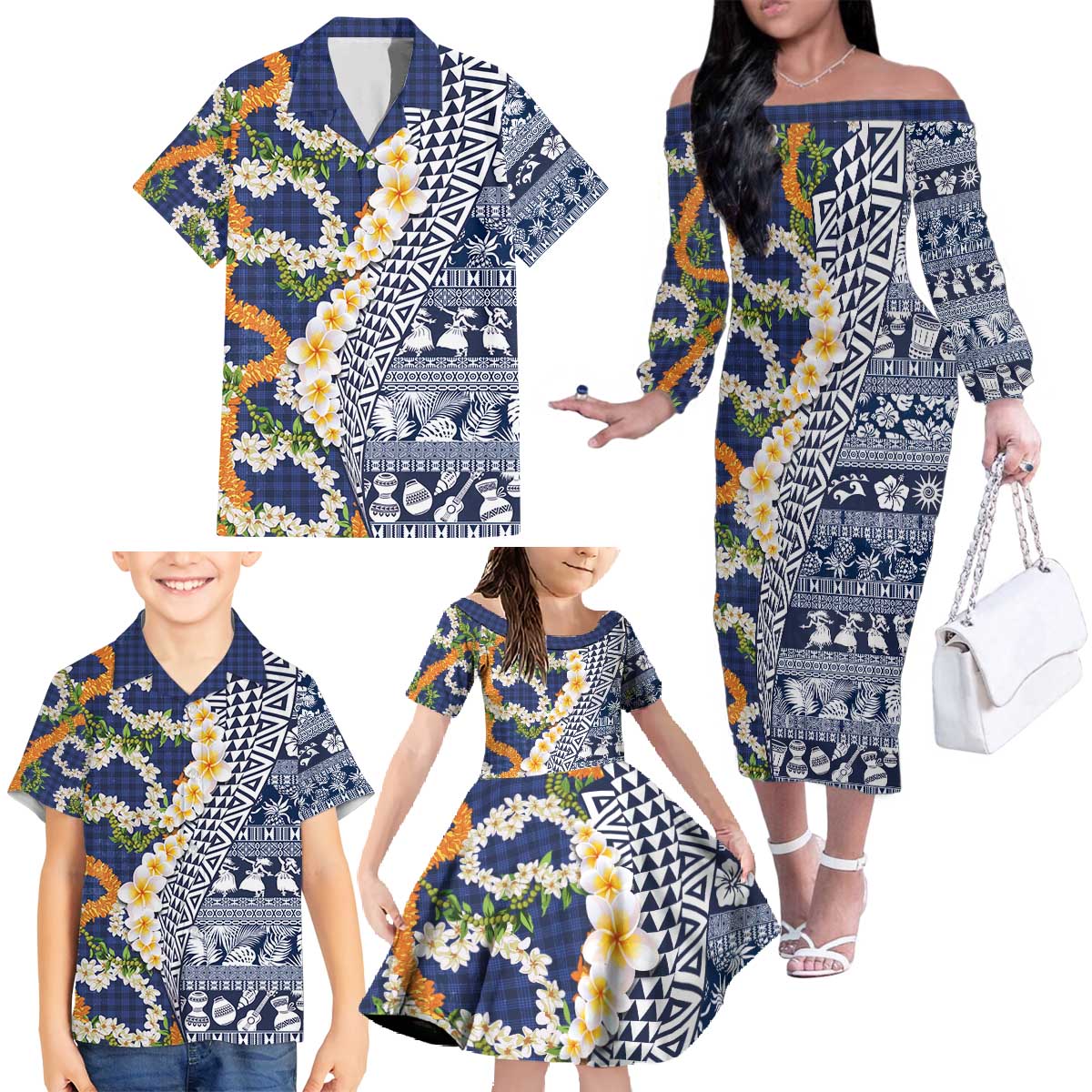 Hawaiian Plumeria Lei Family Matching Off The Shoulder Long Sleeve Dress and Hawaiian Shirt Kakau Motifs and Palaka Half Style Blue Color - Polynesian Pride