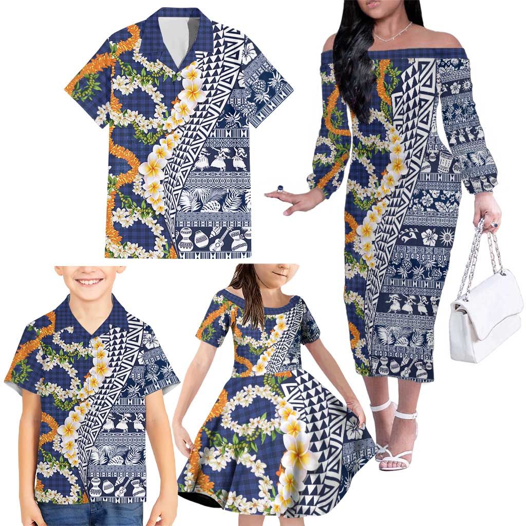 Hawaiian Plumeria Lei Family Matching Off The Shoulder Long Sleeve Dress and Hawaiian Shirt Kakau Motifs and Palaka Half Style Blue Color LT03 - Polynesian Pride