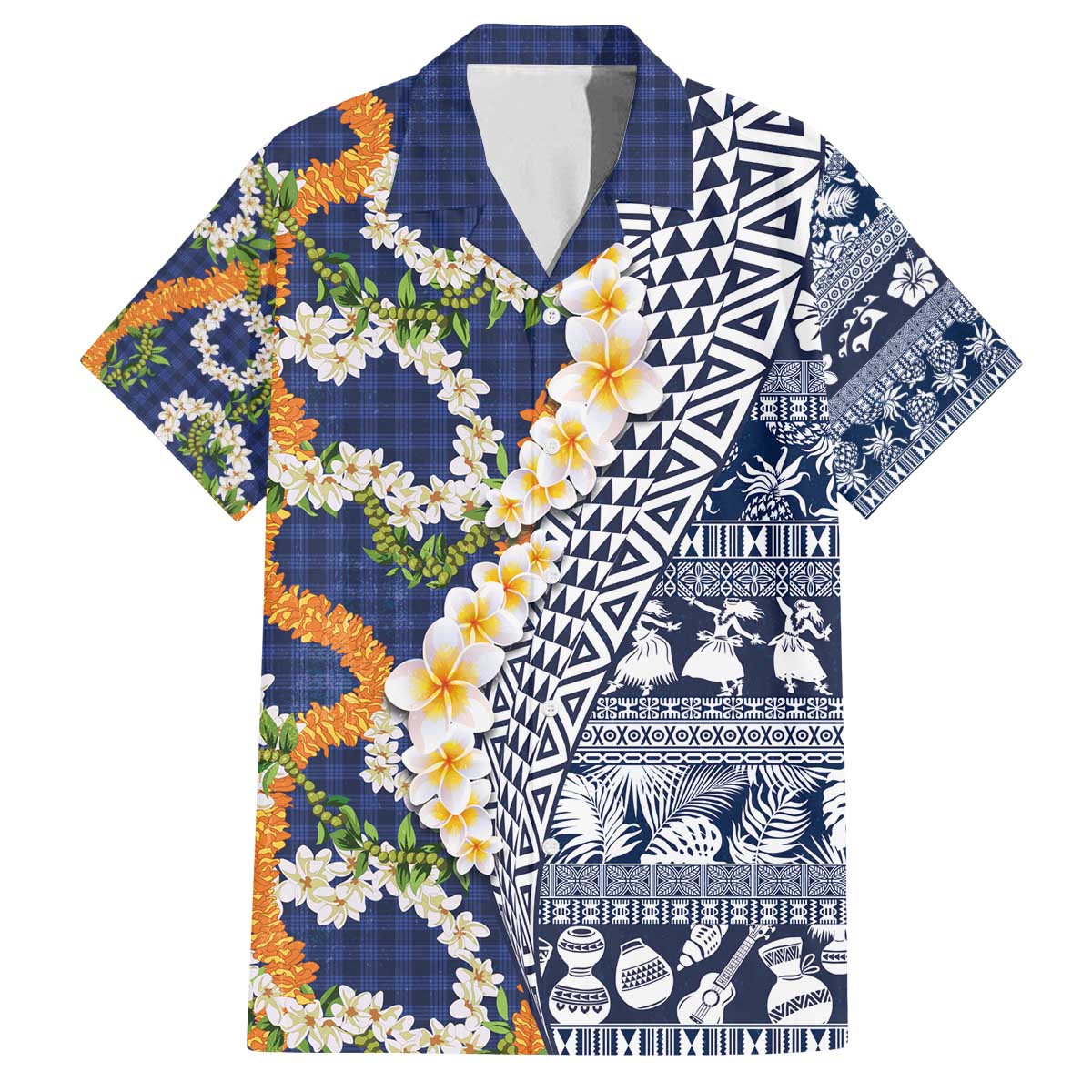 Hawaiian Plumeria Lei Family Matching Off The Shoulder Long Sleeve Dress and Hawaiian Shirt Kakau Motifs and Palaka Half Style Blue Color - Polynesian Pride