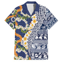 Hawaiian Plumeria Lei Family Matching Off Shoulder Short Dress and Hawaiian Shirt Kakau Motifs and Palaka Half Style Blue Color - Polynesian Pride