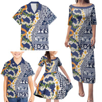 Hawaiian Plumeria Lei Family Matching Puletasi and Hawaiian Shirt Kakau Motifs and Palaka Half Style Blue Color - Polynesian Pride