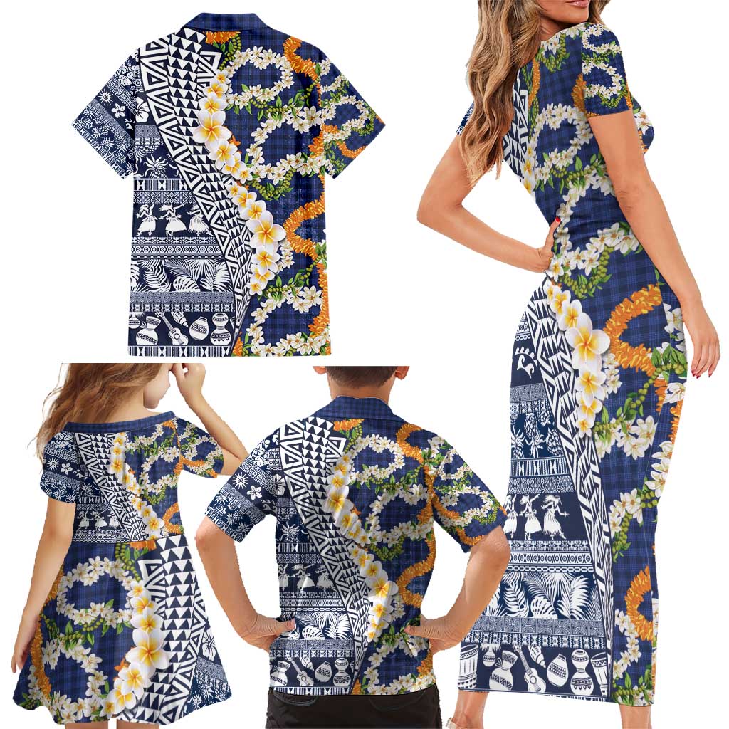Hawaiian Plumeria Lei Family Matching Short Sleeve Bodycon Dress and Hawaiian Shirt Kakau Motifs and Palaka Half Style Blue Color - Polynesian Pride