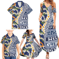 Hawaiian Plumeria Lei Family Matching Summer Maxi Dress and Hawaiian Shirt Kakau Motifs and Palaka Half Style Blue Color - Polynesian Pride