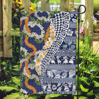 Hawaiian Plumeria Lei Garden Flag Kakau Motifs and Palaka Half Style Blue Color - Polynesian Pride