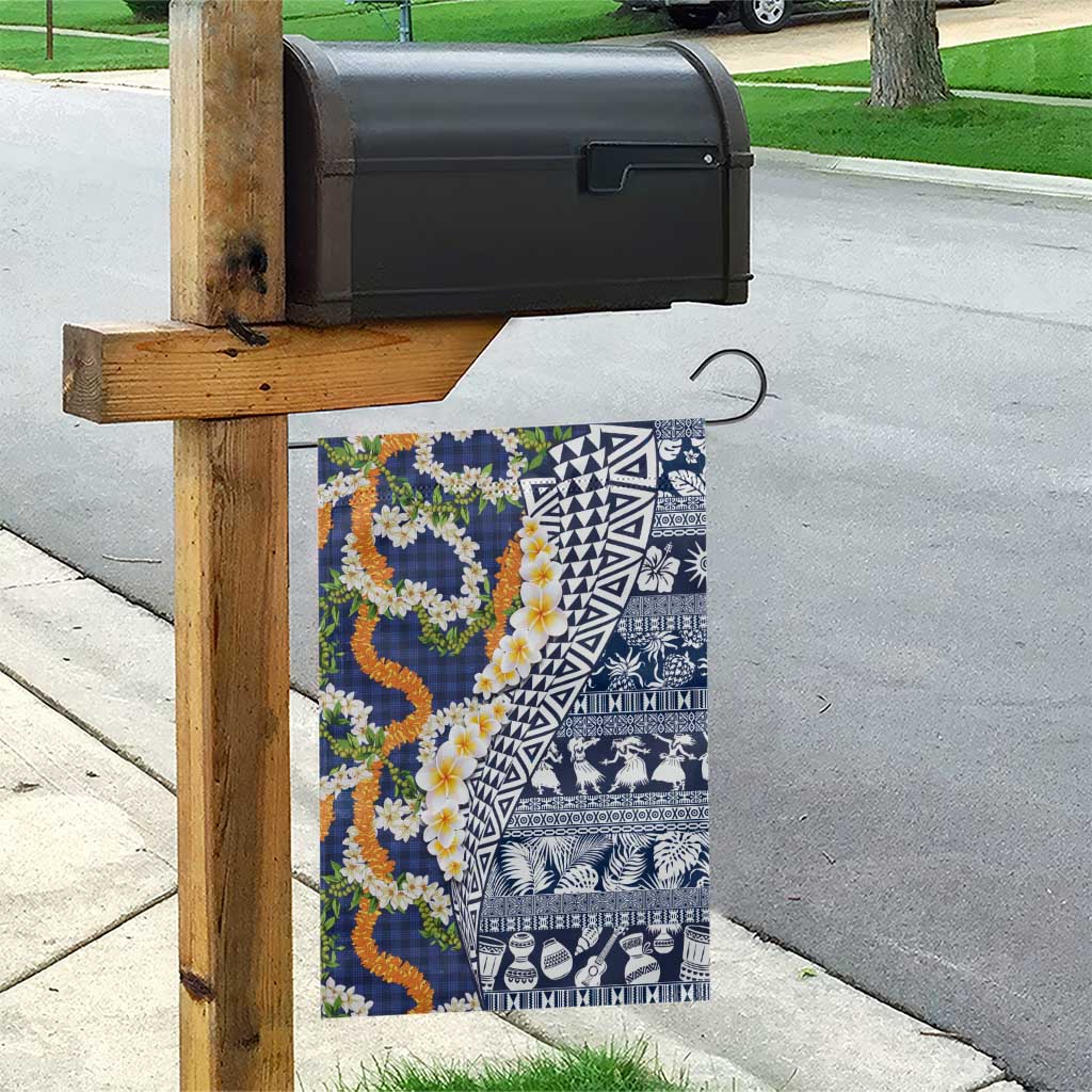 Hawaiian Plumeria Lei Garden Flag Kakau Motifs and Palaka Half Style Blue Color - Polynesian Pride