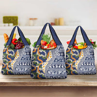 Hawaiian Plumeria Lei Grocery Bag Kakau Motifs and Palaka Half Style Blue Color - Polynesian Pride