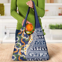 Hawaiian Plumeria Lei Grocery Bag Kakau Motifs and Palaka Half Style Blue Color - Polynesian Pride