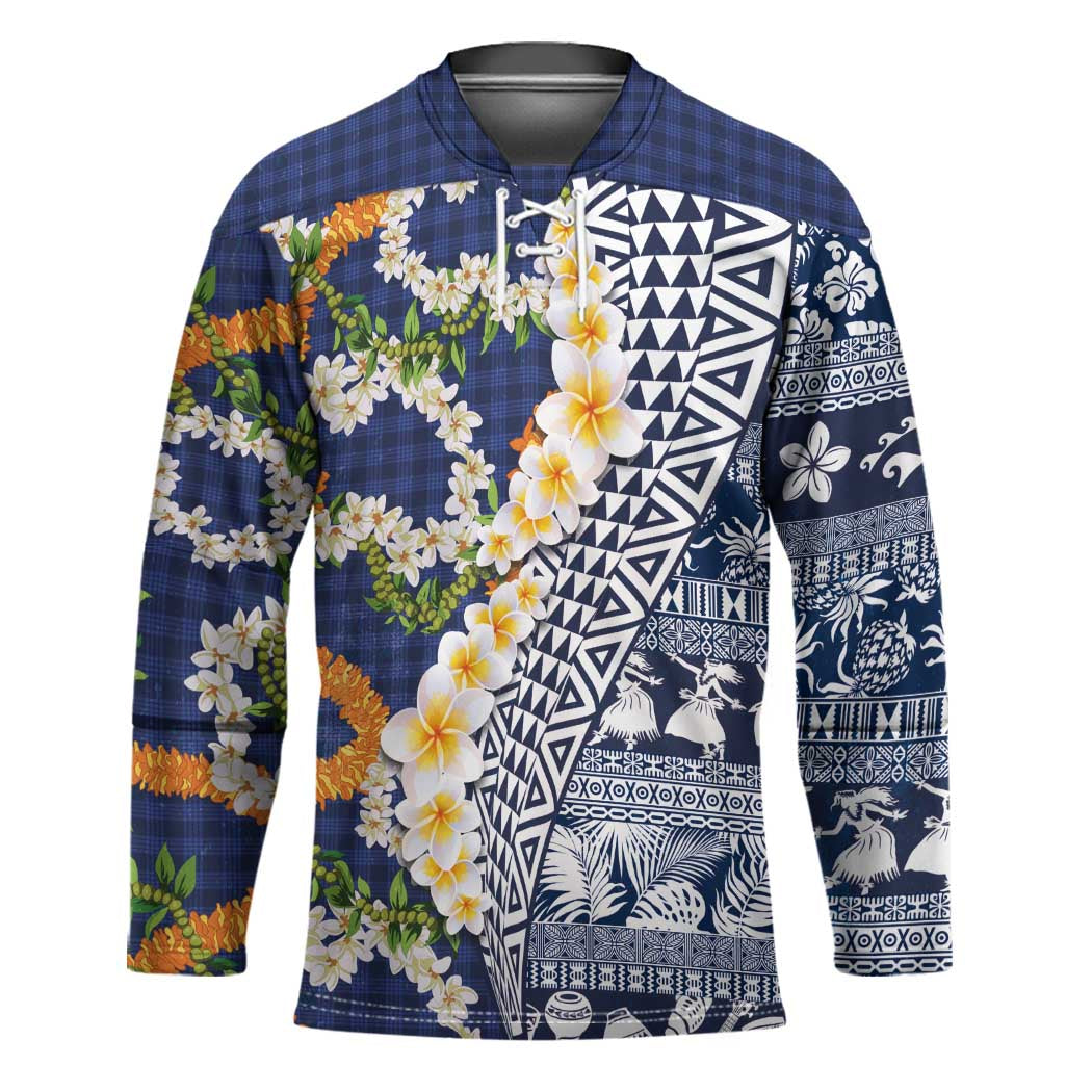 Hawaiian Plumeria Lei Hockey Jersey Kakau Motifs and Palaka Half Style Blue Color - Polynesian Pride