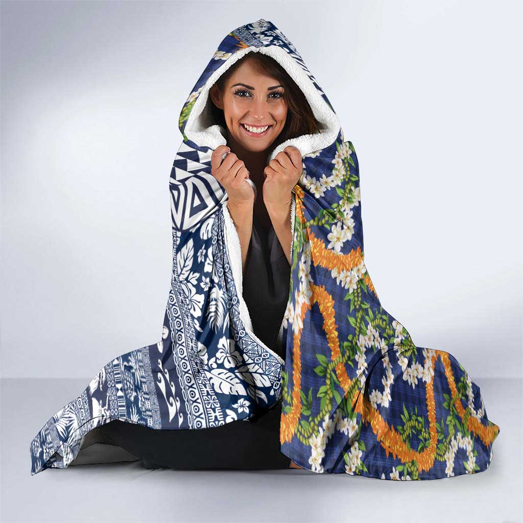 Hawaiian Plumeria Lei Hooded Blanket Kakau Motifs and Palaka Half Style Blue Color - Polynesian Pride