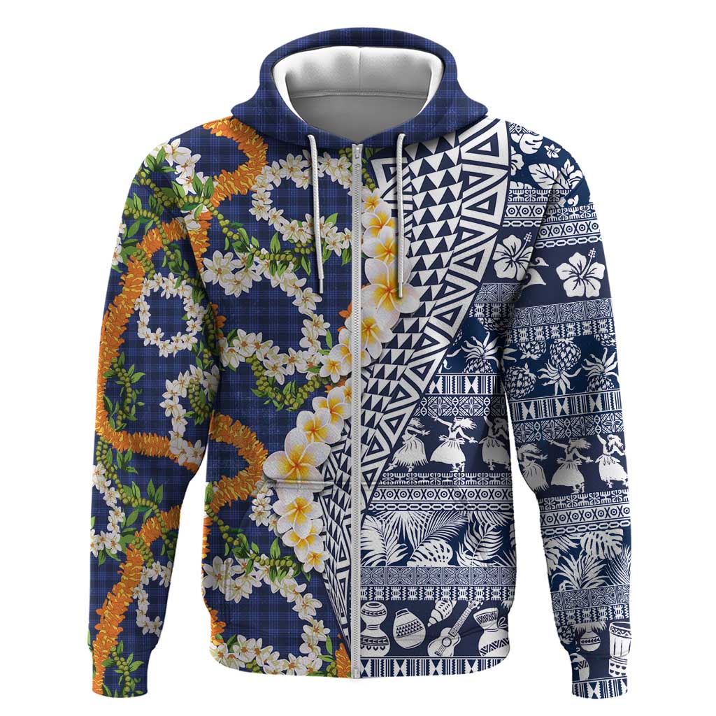 Hawaiian Plumeria Lei Hoodie Kakau Motifs and Palaka Half Style Blue Color - Polynesian Pride
