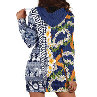 Hawaiian Plumeria Lei Hoodie Dress Kakau Motifs and Palaka Half Style Blue Color - Polynesian Pride