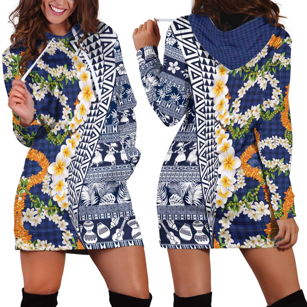 Hawaiian Plumeria Lei Hoodie Dress Kakau Motifs and Palaka Half Style Blue Color - Polynesian Pride