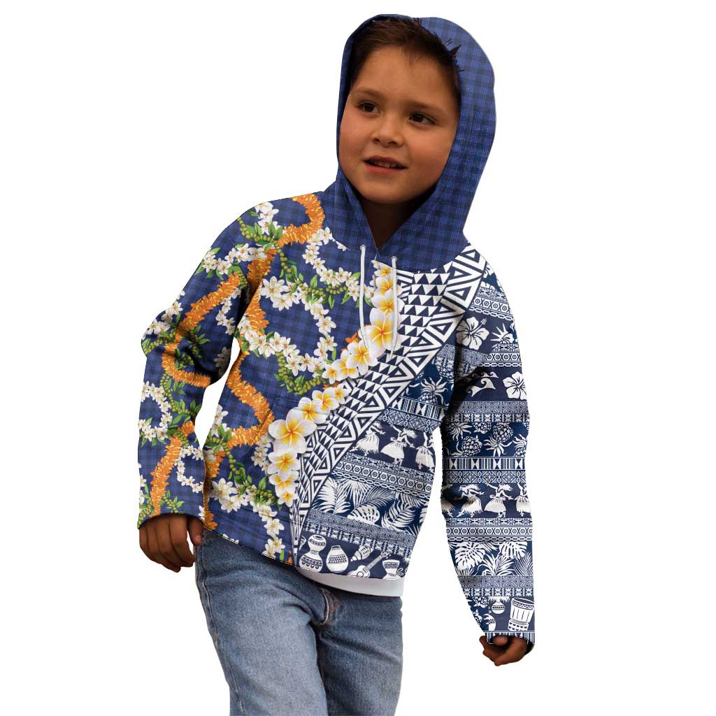 Hawaiian Plumeria Lei Kid Hoodie Kakau Motifs and Palaka Half Style Blue Color - Polynesian Pride