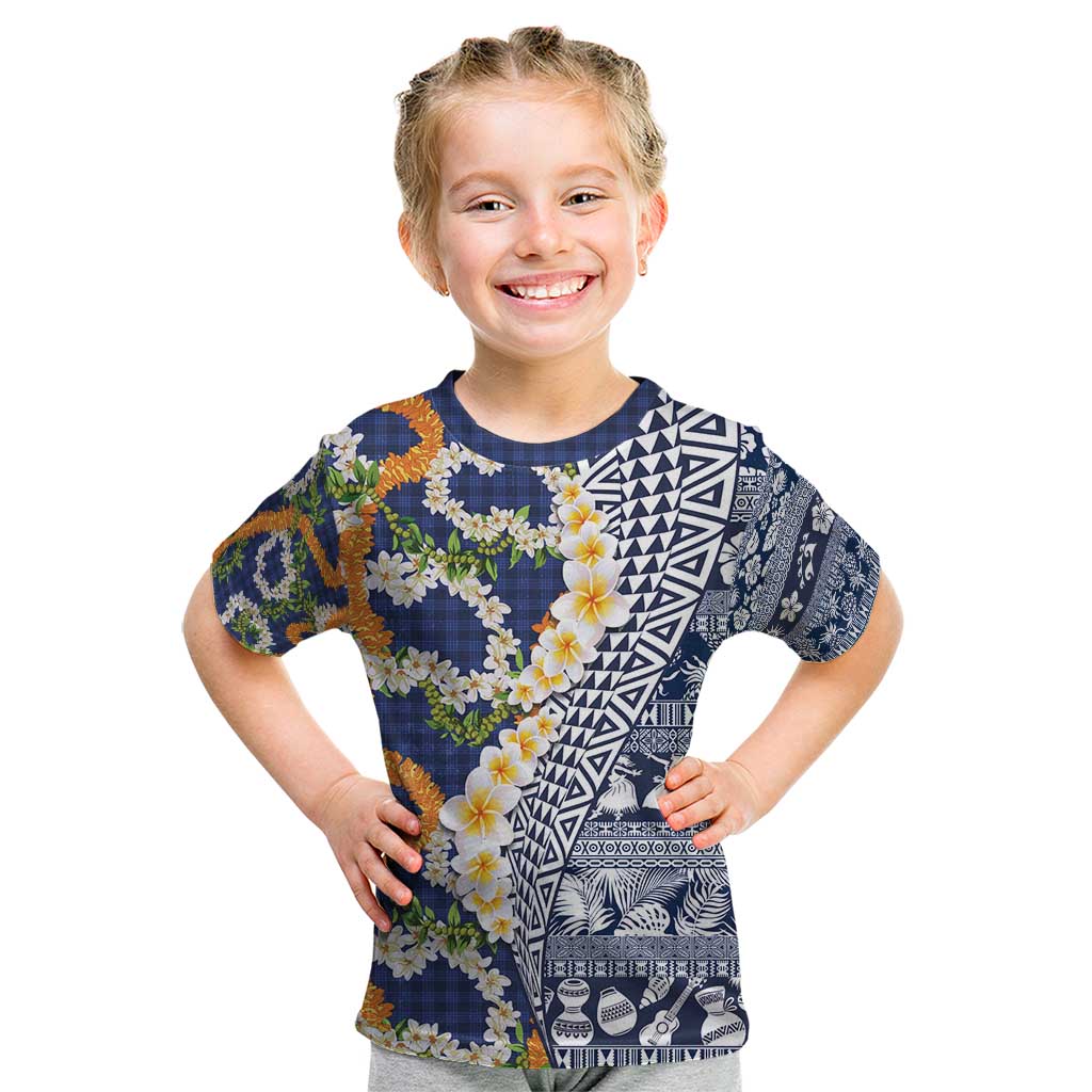Hawaiian Plumeria Lei Kid T Shirt Kakau Motifs and Palaka Half Style Blue Color - Polynesian Pride