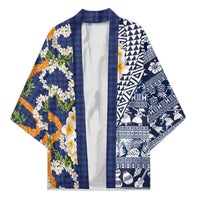 Hawaiian Plumeria Lei Kimono Kakau Motifs and Palaka Half Style Blue Color LT03 Unisex Blue - Polynesian Pride